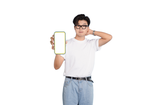 Smartphone Showcase: A person in glasses, in a light environment, is showing the screen of a modern smartphone, offering a glimpse into the device's potential.