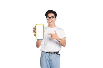 Tech-Savvy Youngster Showcasing Digital Canvas: A cheerful young man, sporting eyeglasses, proudly displays a blank phone screen, symbolizing technological connectivity.