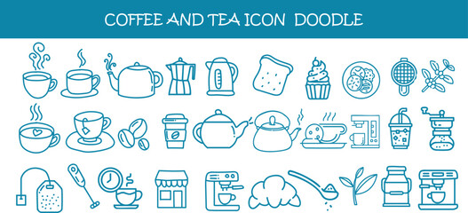 Hand drawn coffee and tea doodle icon set featuring cups, mugs, kettles, beans, desserts, café tools and drinks. Perfect for menus, branding, packaging, stickers, social media and modern café designs.