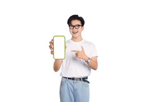 Tech-Savvy Youngster Showcasing Digital Canvas: A cheerful young man, sporting eyeglasses, proudly displays a blank phone screen, symbolizing technological connectivity.