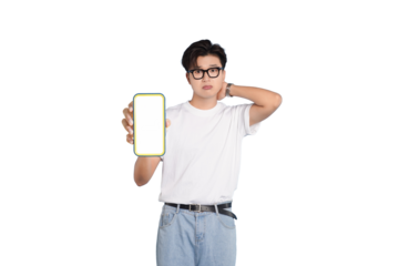 Mobile App Demonstration: A young man, wearing glasses, presents a blank phone screen, creating a perfect opportunity to showcase your product or service with style.