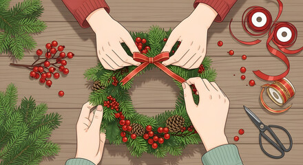 Crafting a festive Christmas wreath with ribbons and berries, perfect for holiday decorations and seasonal cheer, adding a personal touch to the holidays