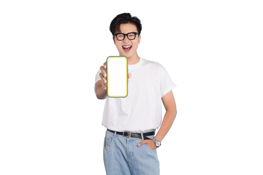 Tech Enthusiast's Showcase: A youthful individual, radiating enthusiasm, extends a smartphone displaying a blank screen, beckoning viewers towards innovative possibilities.