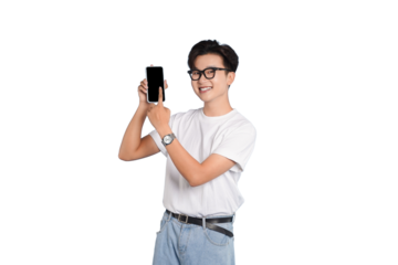 Tech Savvy Presentation: A smiling individual, equipped with glasses and a stylish watch, showcases a sleek smartphone, inviting attention with a positive demeanor.