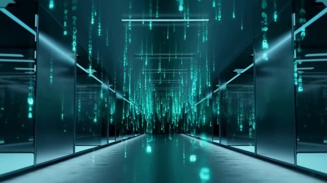 A Futuristic Corridor Filled with Pulsating Binary Code: An Immersive Glimpse into a Digital Realm of Data and Technology