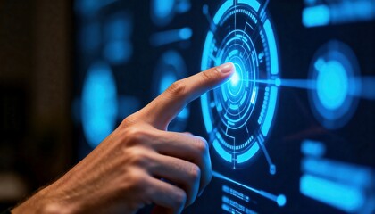 A human finger interacts with a futuristic blue glowing digital touch screen interface.