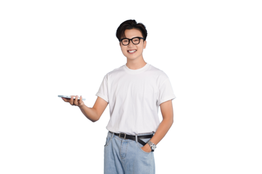 Modern Tech User: A young individual, radiating confidence, engages with his phone, highlighting modern technology's seamless integration into daily life.