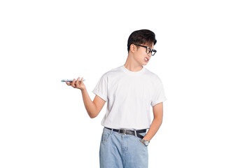 Tech-savvy Individual Expressing Doubt: A young, bespectacled individual holds a smartphone while...