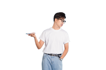 Tech-savvy Individual Expressing Doubt: A young, bespectacled individual holds a smartphone while appearing to express doubt, concern, or contemplation.