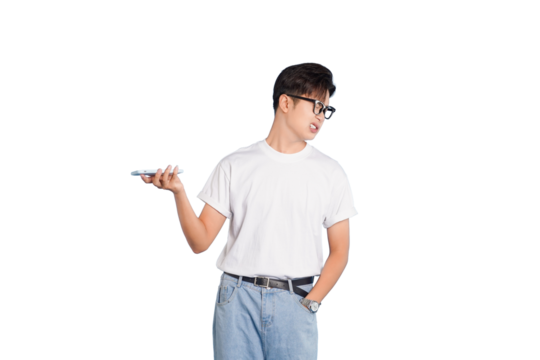 Tech-savvy Individual Expressing Doubt: A young, bespectacled individual holds a smartphone while appearing to express doubt, concern, or contemplation.