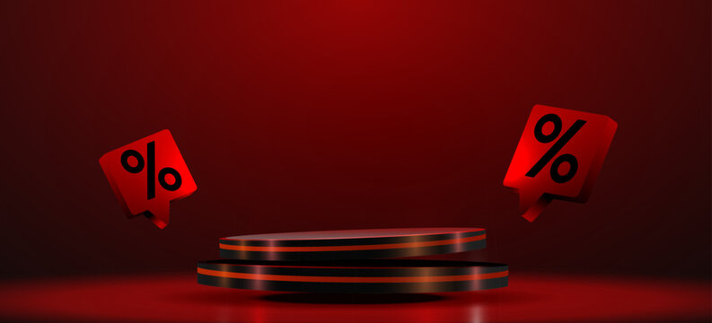 Stylish 3D product display podium with percentage tags on a red background for sales and promotions. Vector illustration.