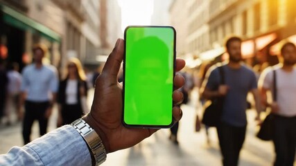 African American male using green screen phone app on busy city street with walking people for advertising or marketing promo video