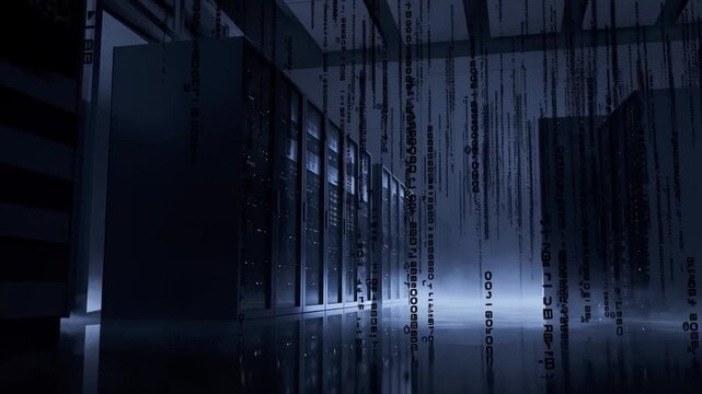 A Mysterious Data Center Environment Showcasing Rows of Servers Amidst a Dark, Foggy Ambiance with Cascading Digital Information in a High-Tech Setting