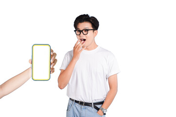 Smartphone Revelation: Astonished gaze meets a modern smartphone, capturing a moment of surprise...