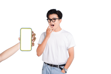 Smartphone Revelation: Astonished gaze meets a modern smartphone, capturing a moment of surprise and intrigue against a minimal backdrop.