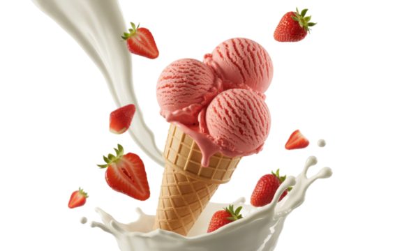 Strawberry ice cream scoops with milk splash isolated on a transparent background - Powered by Adobe