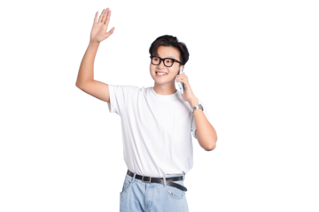 Friendly Chat and Wave: A cheerful individual greets the world with a friendly wave and a warm smile while engaged in a mobile conversation.