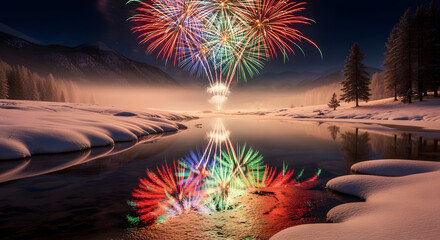 Celebrate the New Year with dazzling fireworks over a serene snowy landscape reflecting in the calm water, a beautiful winter wonderland scene