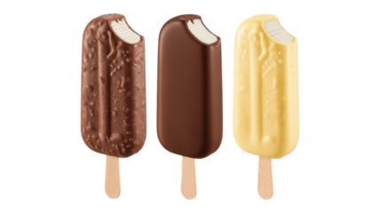 Three ice cream bars with different coatings isolated on a transparent background