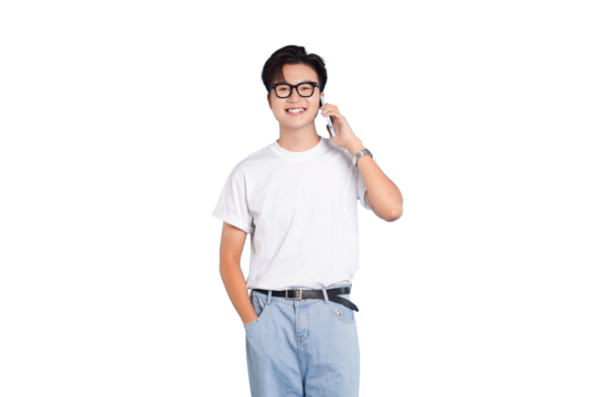 Modern Communication: An individual engages in a telephone conversation, blending a sense of approachability and casual professionalism. 