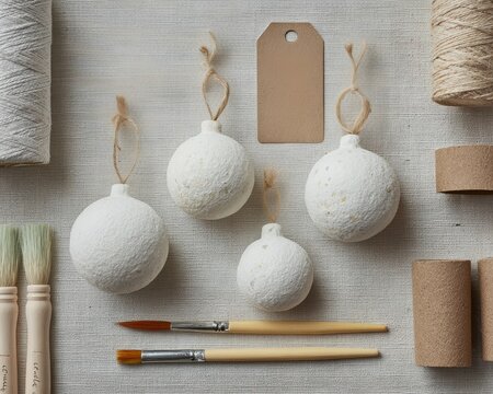 Eco-friendly handmade ornament painting scene - flat-lay photo showing a collection of eco-friendly paper-mache ornaments.  Golden tones, tactile linen fabric, and soft daylight