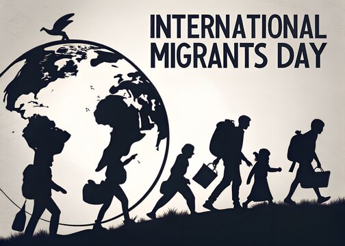 International migrants day silhouette of diverse people carrying belongings walking towards a globe symbolizing global migration and displacement