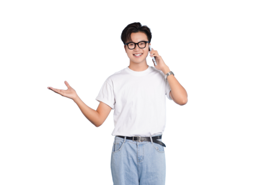 Mobile Communication and Gesture: A young man is engaged in a friendly phone conversation. He gestures expansively as if he's presenting or explaining something, showing ease and openness.