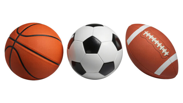 Three sports balls basketball soccer football isolated on a transparent background