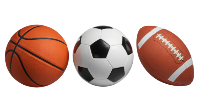 Three sports balls basketball soccer football isolated on a transparent background