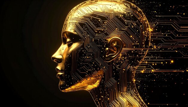 A golden, sleek human profile overlaid with intricate circuit board patterns, emanating digital streaks against a dark backdrop