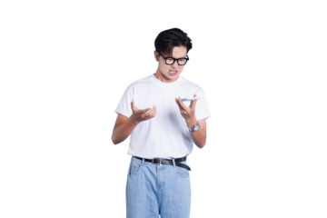 Techie's Dilemma: A focused individual, adorned in spectacles and a casual white tee, is engrossed in the contemplation of a portable technological marvel.
