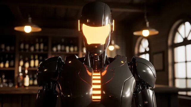 Cyborg standing in a dark medieval tavern or rustic pub
