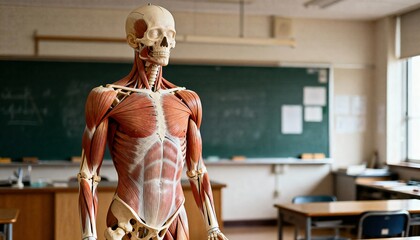 Human anatomical model of skeleton and muscles in a science classroom.
