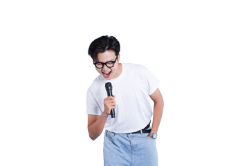 Microphone Singer's Expression: A man dressed in spectacles and a white shirt singing passionately...