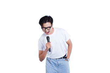 Microphone Singer's Expression: A man dressed in spectacles and a white shirt singing passionately into a microphone, capturing the intensity of a performance
