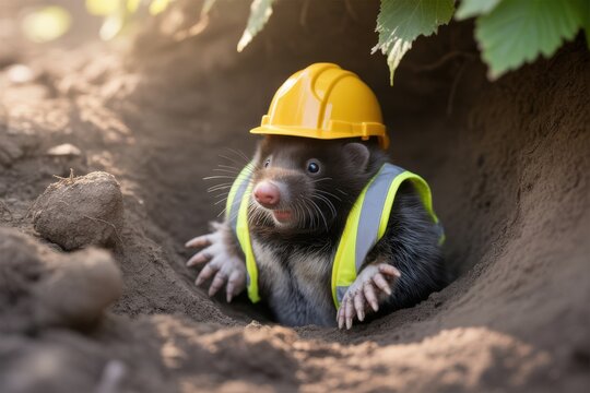Adorable mole wearing construction hat peeks from burrow, ready for a busy day of digging, perfect for whimsical children's illustrations and construction themes
