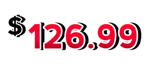 Red price tag $126.99 dollars 3d sign symbol on transparent background Perfect for advertising, sale banners, product promotion, discount labels, and e-commerce graphics design elements.