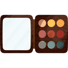 Open Wooden Makeup Palette with Assorted Earth Tone Eyeshadow Shades and a Mirror on a Transparent Background