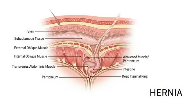 Inguinal hernia anatomy diagram showing muscle and intestine