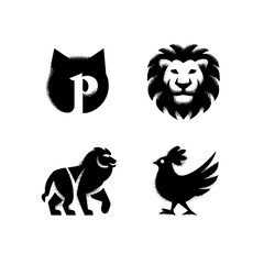 Fototapeta premium Gritty black and white animal stencil silhouette icons set featuring cat head, majestic lion, and farm chicken for graphic design.