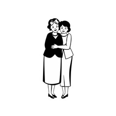 Two smiling women embracing, showing affection and family bond in a simple black and white illustration.