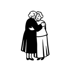 Two elderly women embrace, expressing affection and support, a heartwarming depiction of friendship and connection.