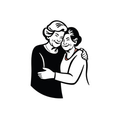 Two elderly women embracing, smiling, and showing affection.