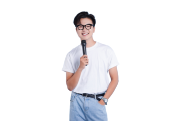 A Presenter's Confidence: A poised individual, radiating charisma, holds a microphone with confidence, poised to engage and captivate an audience.