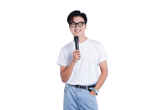 A Presenter's Confidence: A poised individual, radiating charisma, holds a microphone with confidence, poised to engage and captivate an audience.