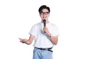 Dynamic Speaker: A charismatic individual captivates an audience, microphone in hand, his expression a blend of enthusiasm and charm. He embodies the art of engaging communication.