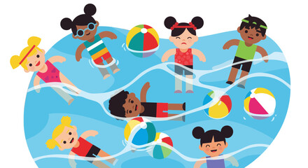 Joyful Illustration Showcasing Children Playing in Water, Beach Balls and Summer Fun