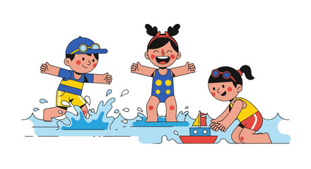 Joyful Illustration Of Children Playing In Water During A Summer Day