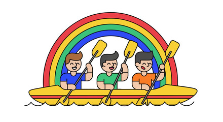 Joyful Kayakers Paddling Under a Vibrant Rainbow in a Colorful Illustration