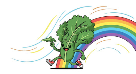 Joyful Kale Character Sprinting Across a Rainbow After Having Fun in The Sunshine